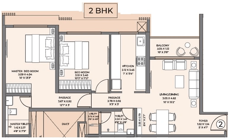 Shapoorji Pallonji Heartland Unit plan - 752 sq.ft.