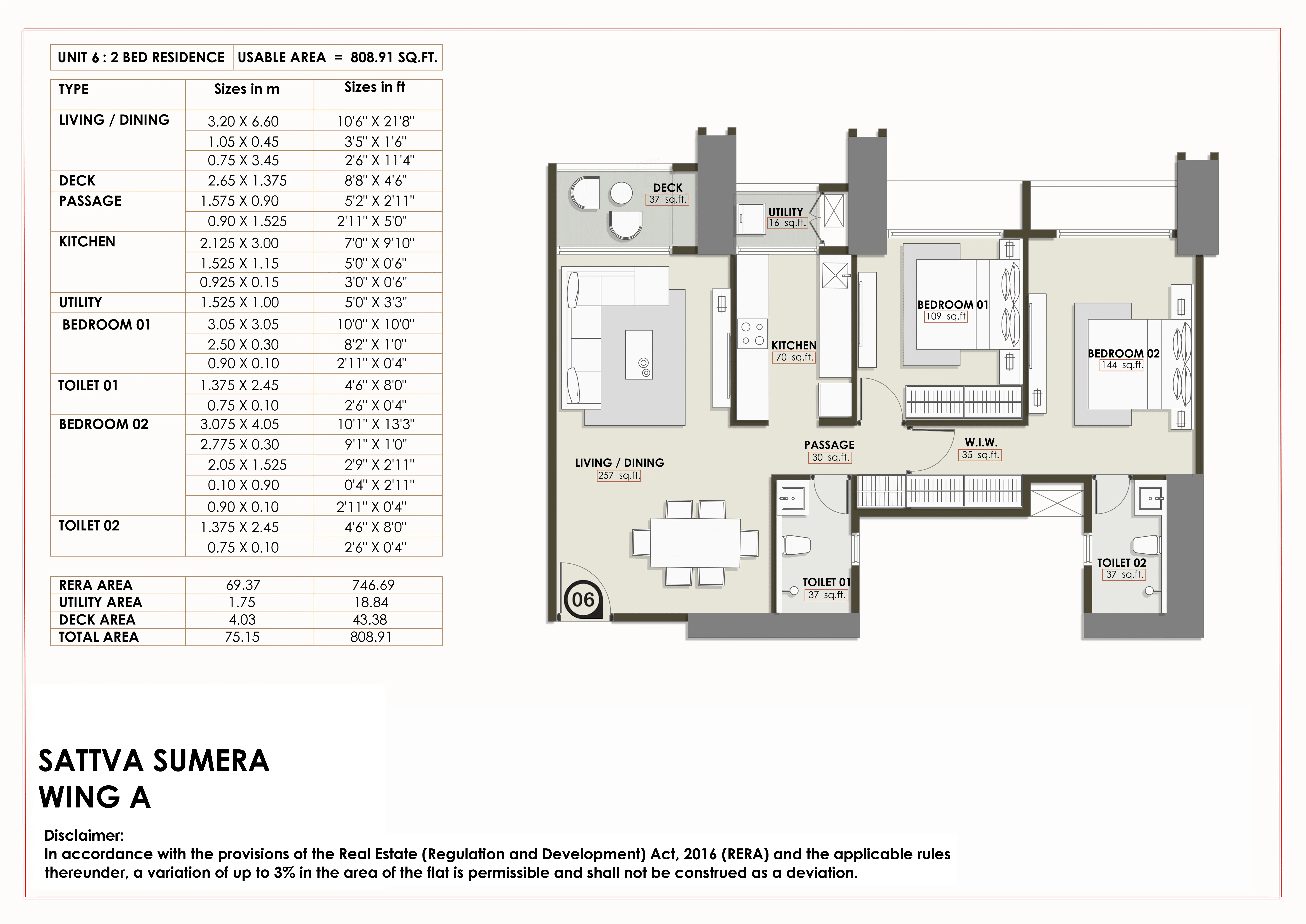 Sattva Sumera Unit plan - 808 sq.ft.