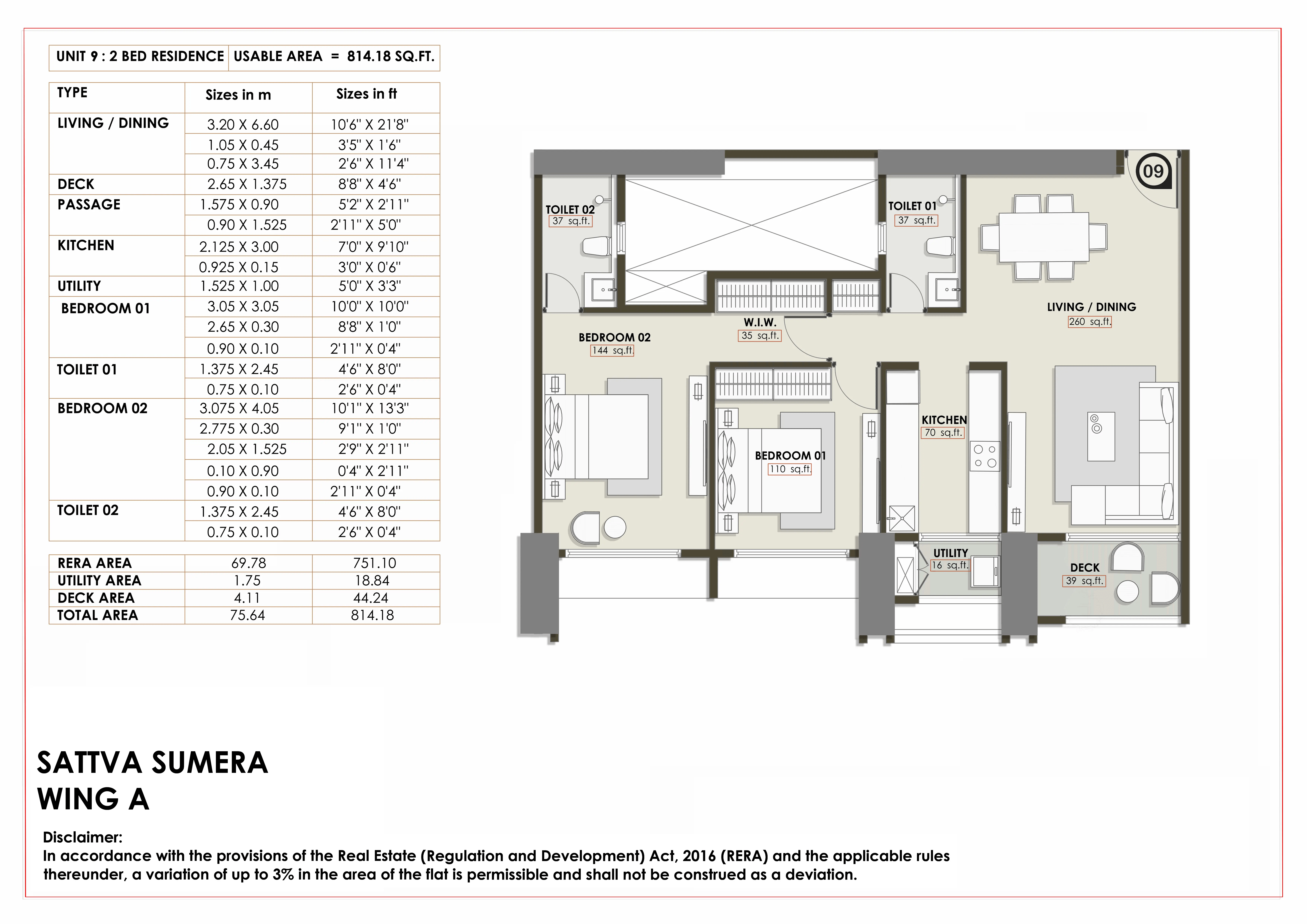 Sattva Sumera Unit plan - 814 sq.ft.