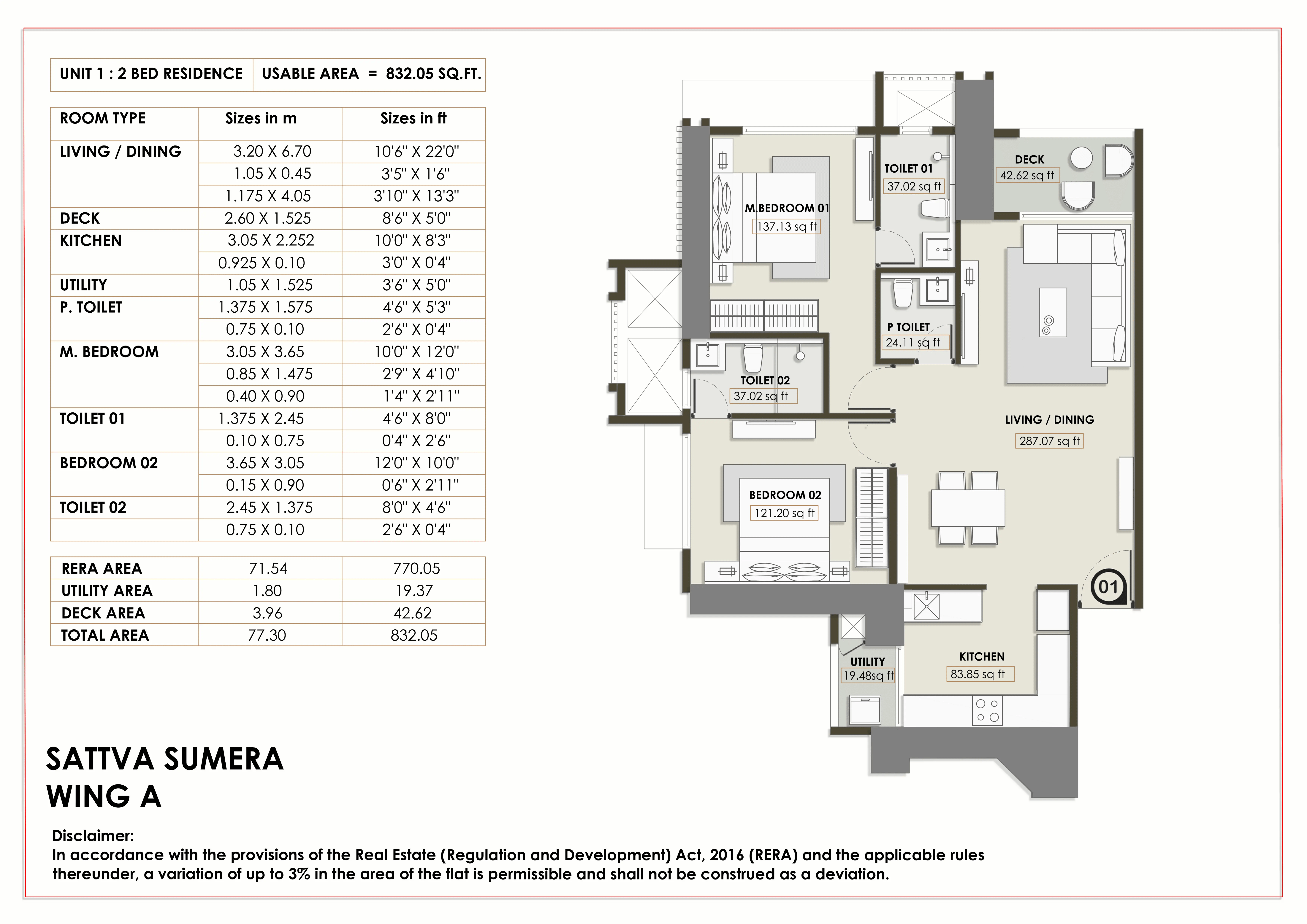 Sattva Sumera Unit plan - 832 sq.ft.