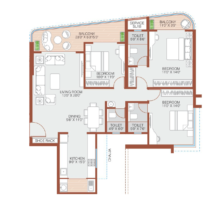 Royal Morya Skydale Unit plan - 1295 sq.ft.