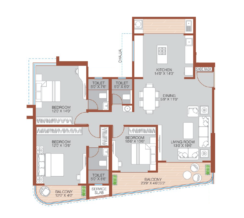 Royal Morya Skydale Unit plan - 1369 sq.ft.