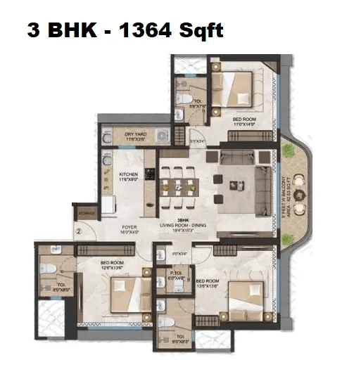 Ariha Skyes Unit plan - 1364 sq.ft.