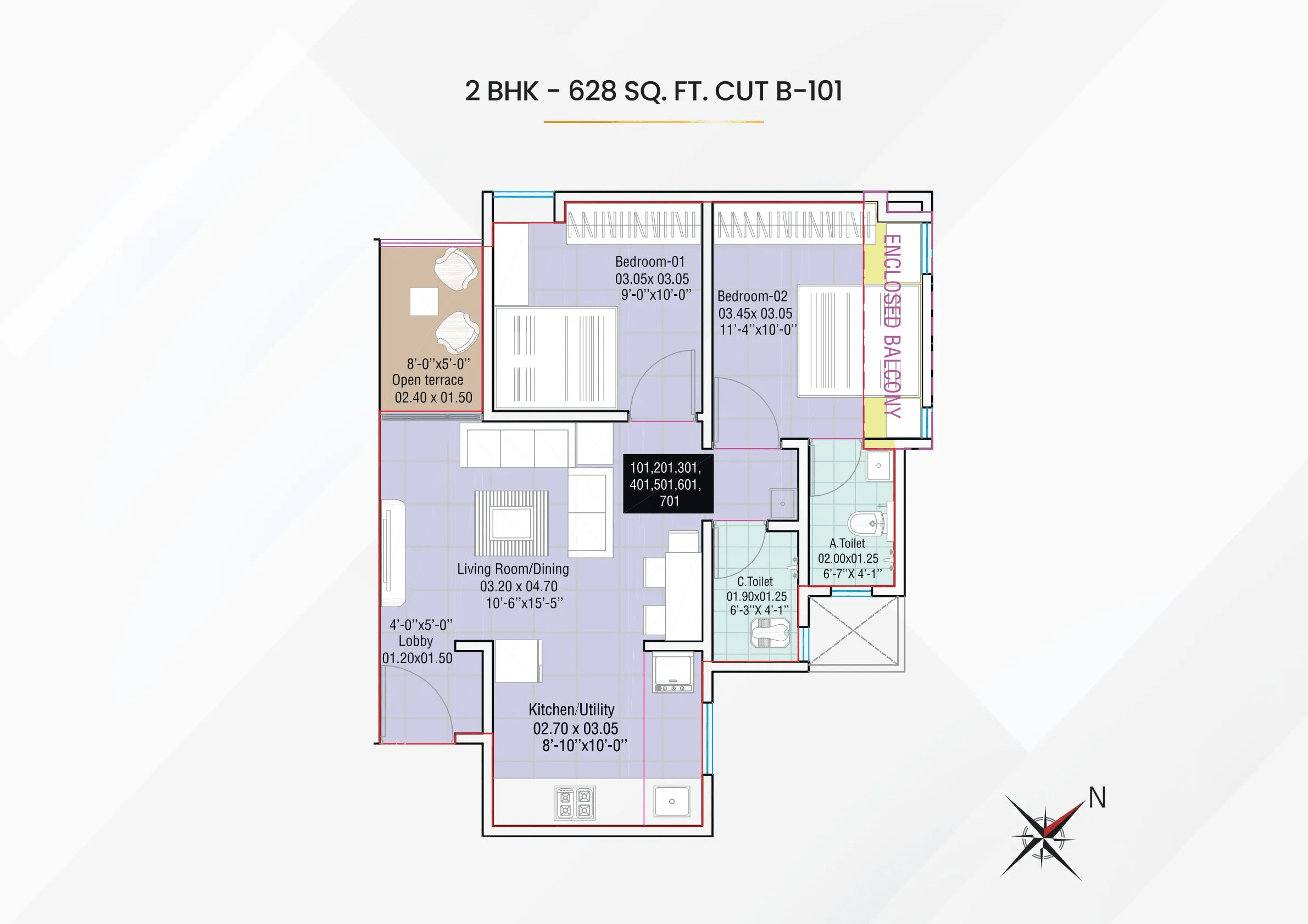 Yogesh Gandharva Nagari A3 Unit plan - 628 sq.ft.