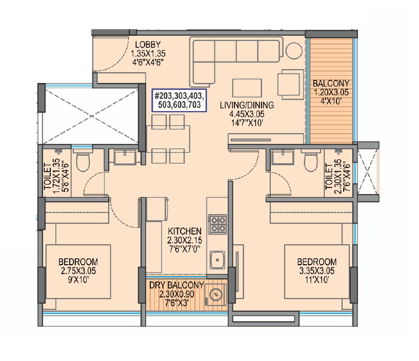 Yogesh Gandharv Marigold Unit plan - 641 sq.ft.