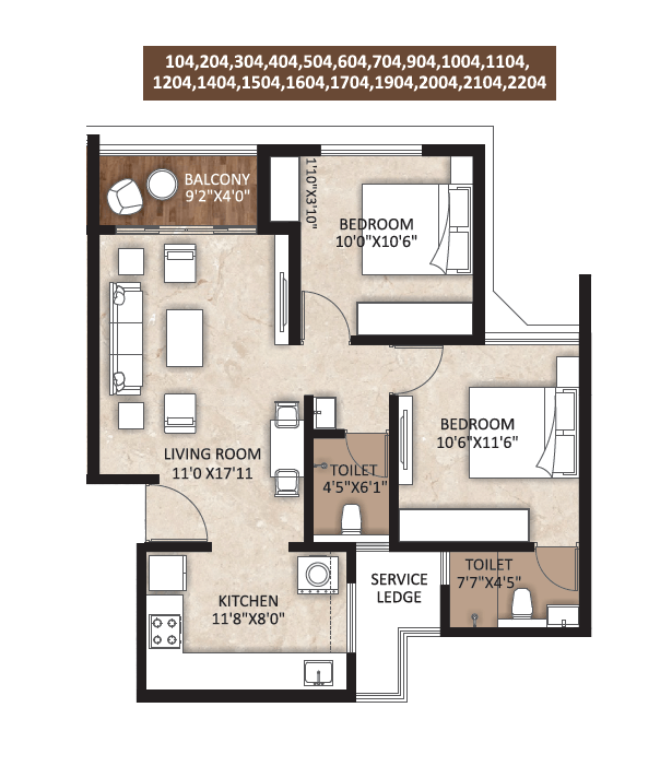 Sonigara Signature Park Unit plan - 681 sq.ft.