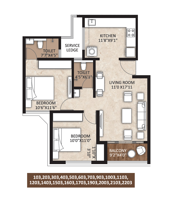 Sonigara Signature Park Unit plan - 706 sq.ft.