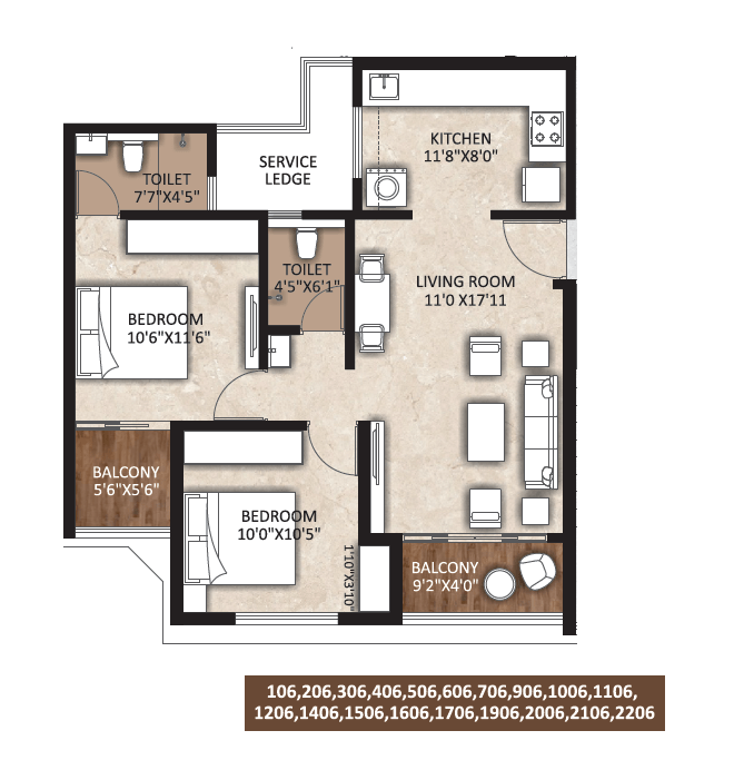 Sonigara Signature Park Unit plan - 729 sq.ft.