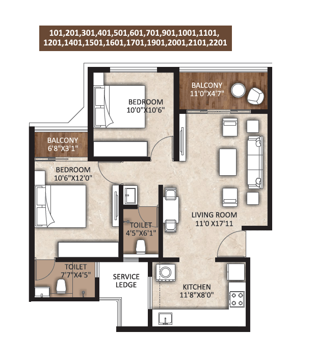 Sonigara Signature Park Unit plan - 737 sq.ft.