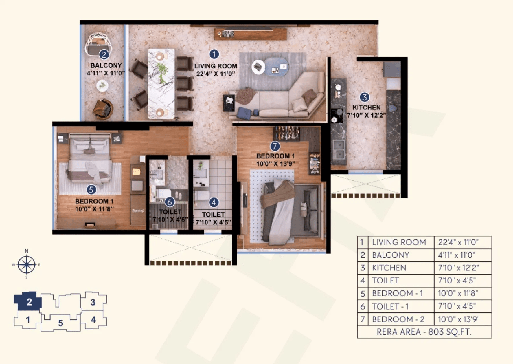 Konark 32 West View Unit plan - 805 sq.ft.