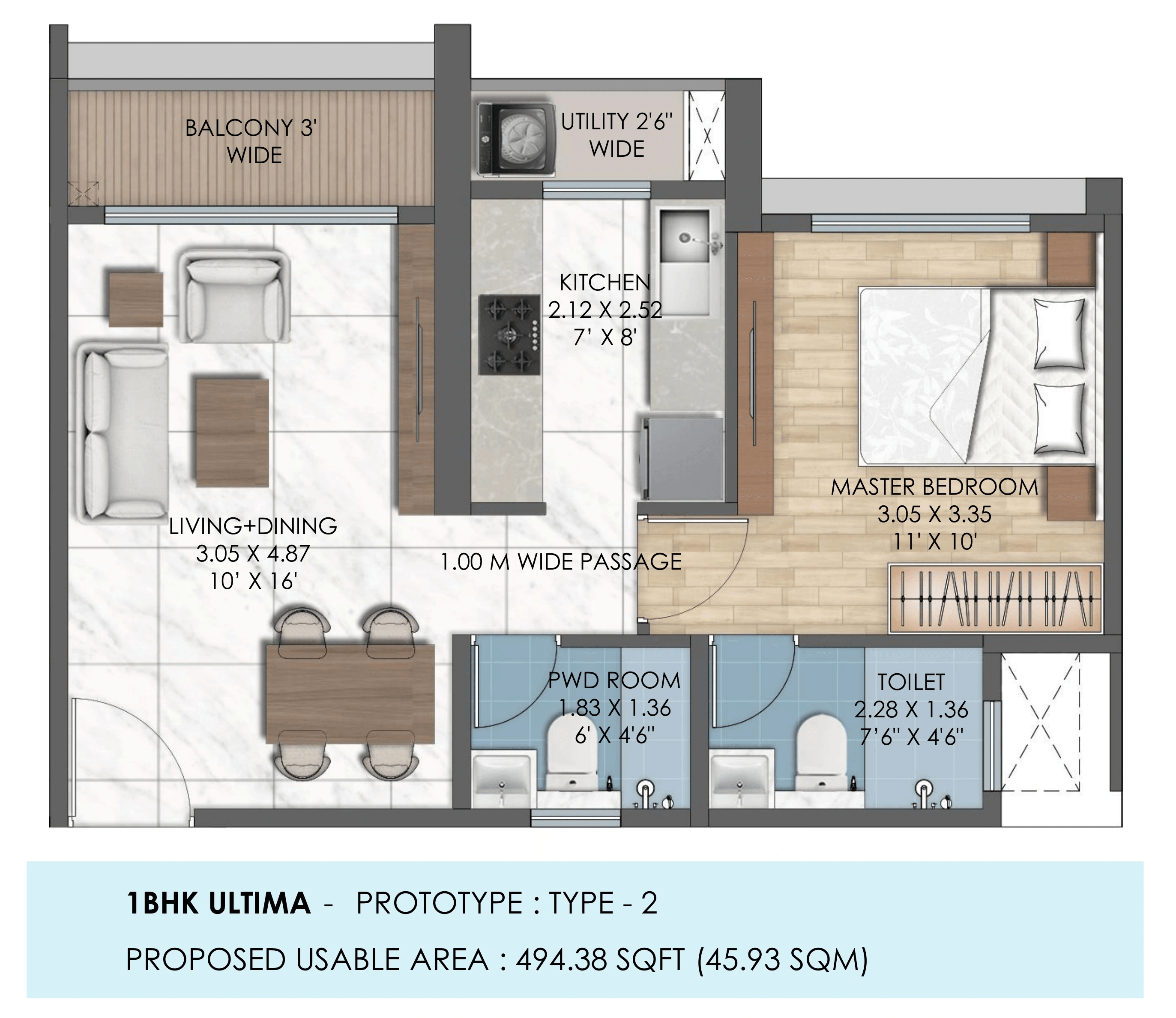 Tescon 311 East Unit plan - 494 sq.ft.