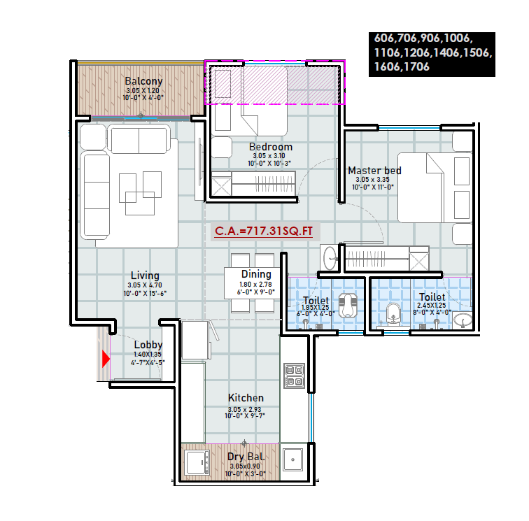 Evexia Exotica Unit plan - 717 sq.ft.