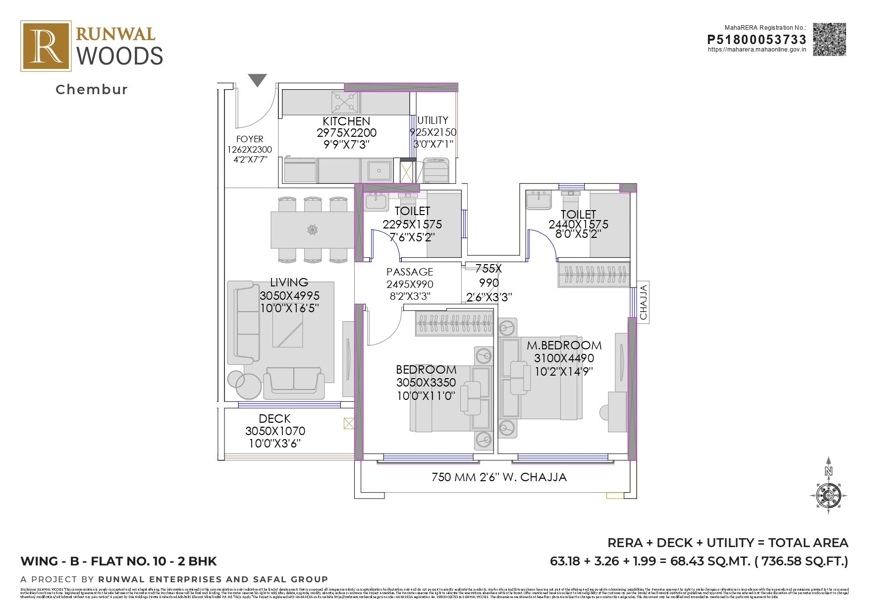 Runwal Woods Chembur Unit plan - 737 sq.ft.