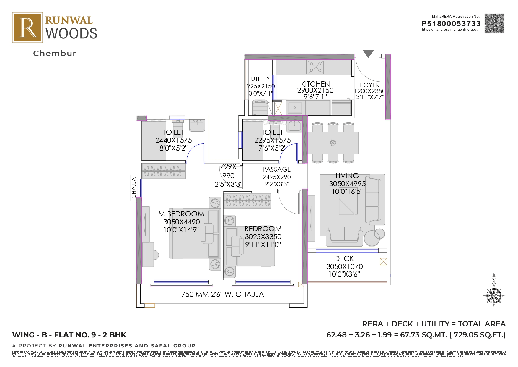 Runwal Woods Chembur Unit plan - 729 sq.ft.