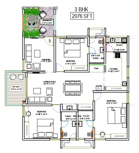 The Sky 49 by Ananda Prosper Unit plan - 1453 sq.ft.