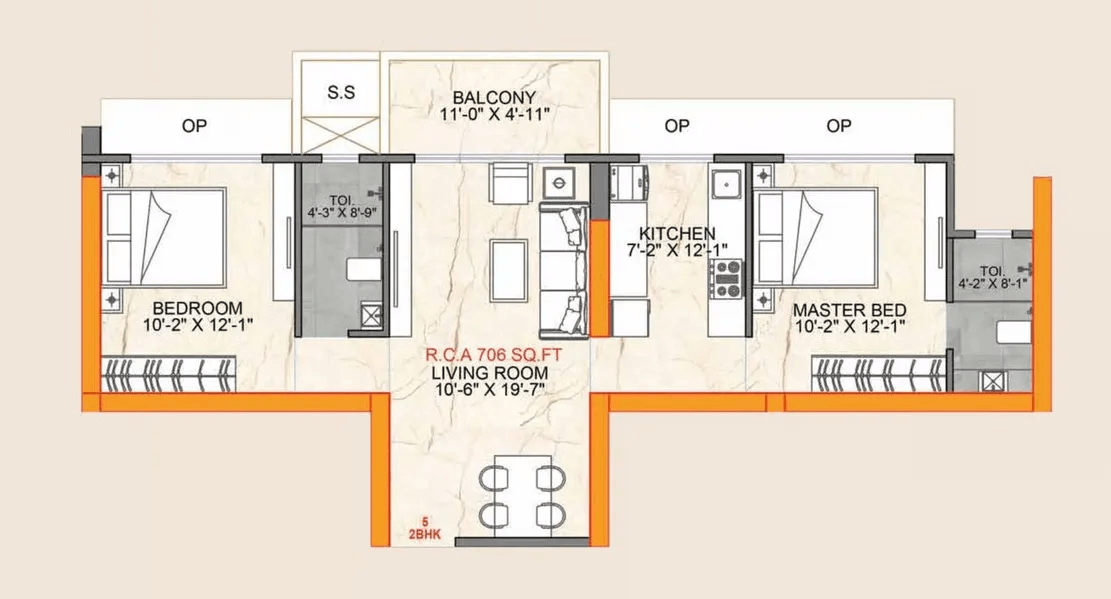 One Vara Unit plan - 706 sq.ft.