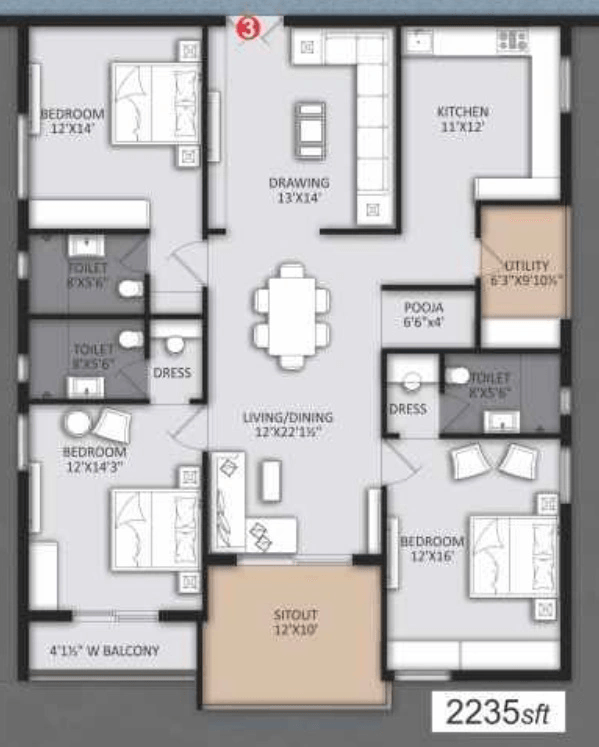 Om Sree Grand Unit plan - 1565 sq.ft.