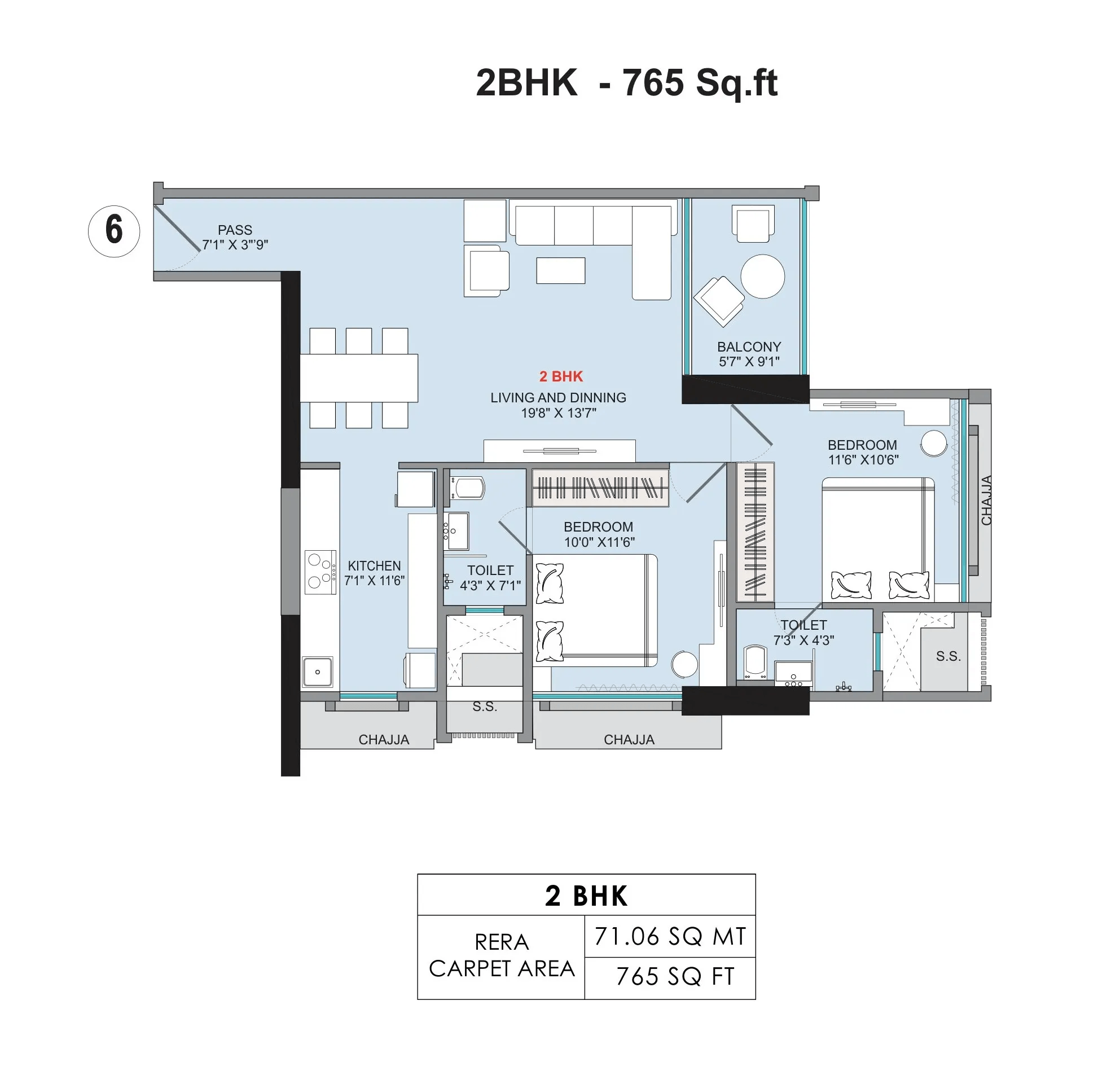 Sumit Sky World Unit plan - 765 sq.ft.