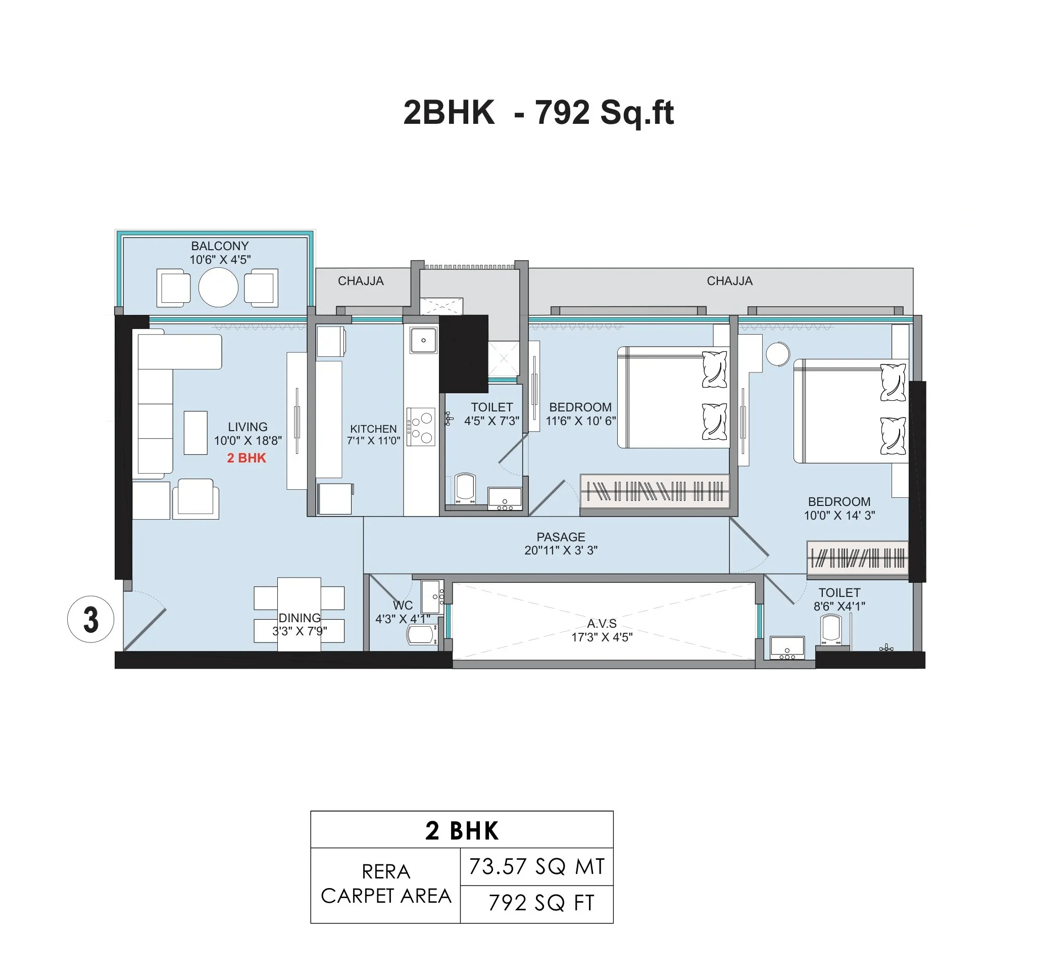 Sumit Sky World Unit plan - 792 sq.ft.