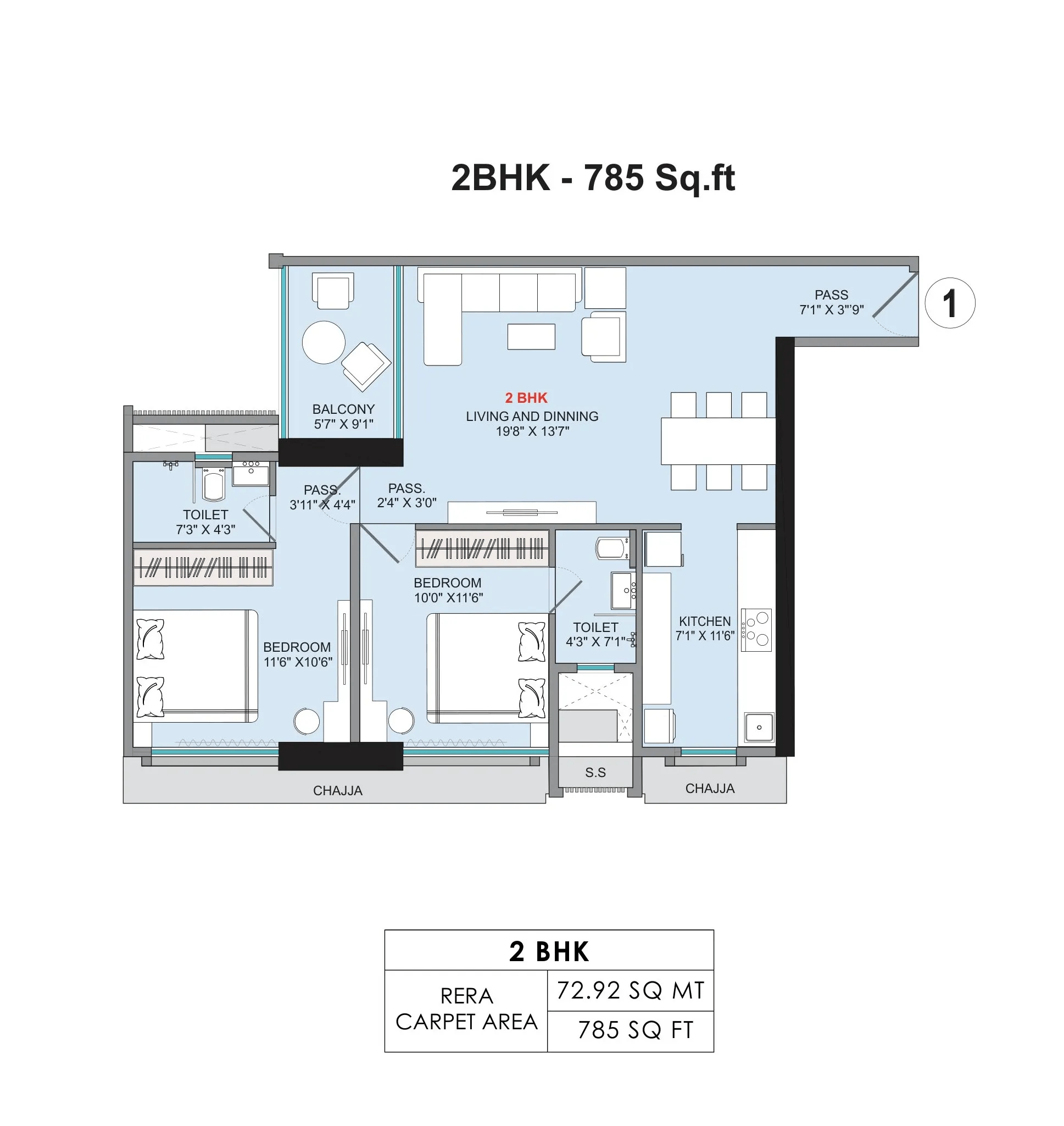 Sumit Sky World Unit plan - 785 sq.ft.