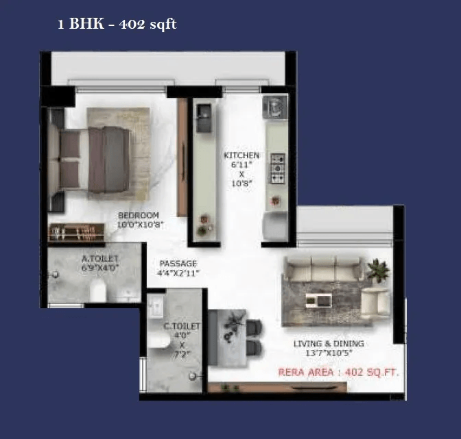 Mahaveer Solitaire Edge Unit plan - 402 sq.ft.