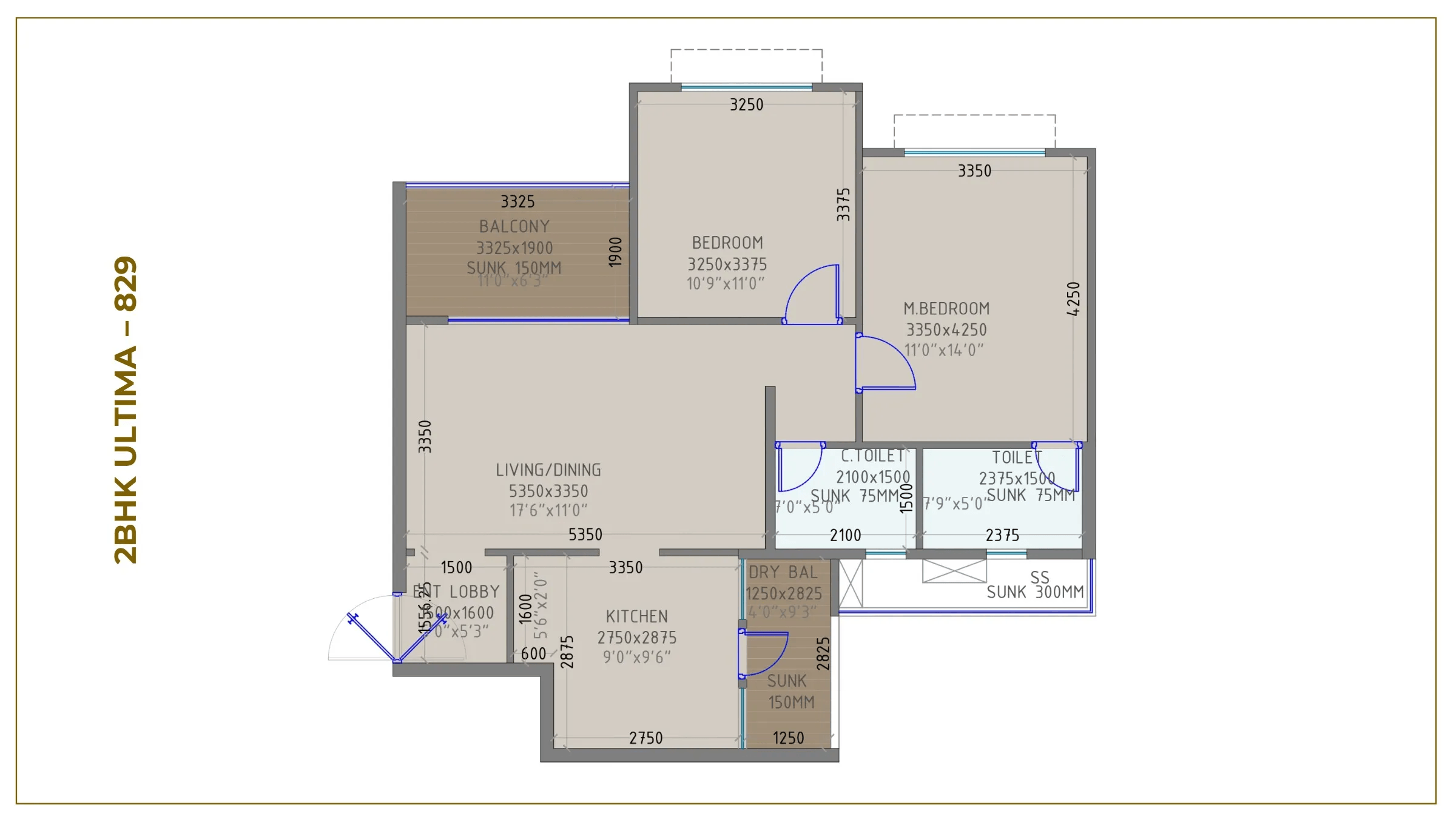 Pride Purple Park Pebbles Unit plan - 827 sq.ft.
