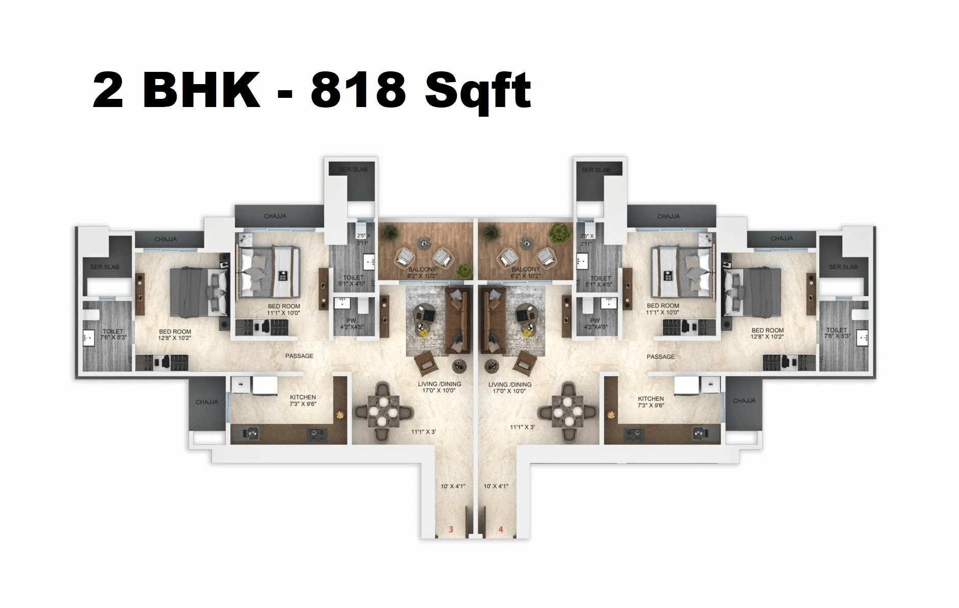Dimple 73 East Unit plan - 818 sq.ft.