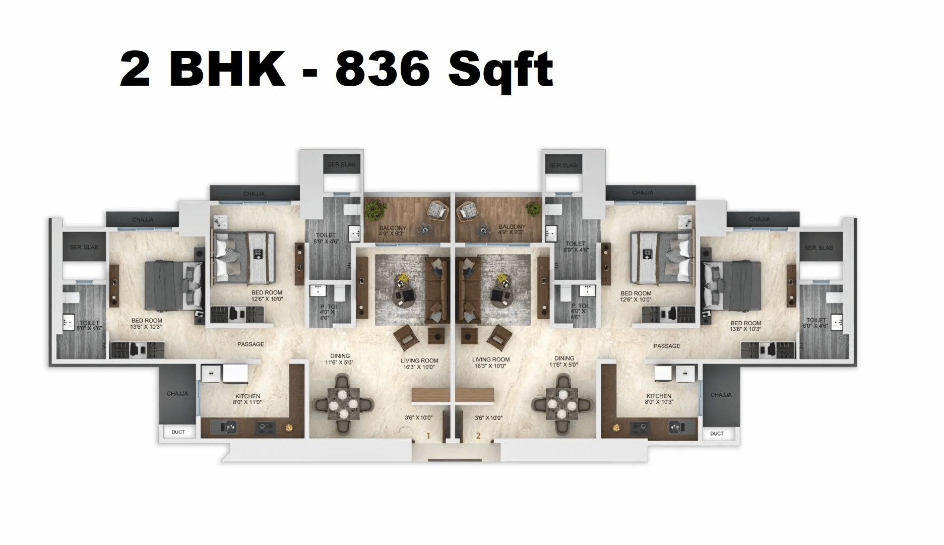 Dimple 73 East Unit plan - 836 sq.ft.