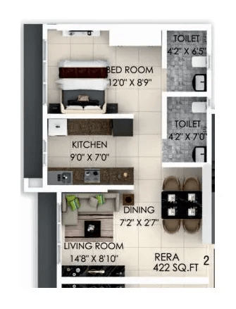 Dimple Westwood Unit plan - 422 sq.ft.