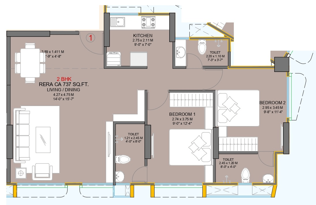 Sayba Royal Unit plan - 737 sq.ft.