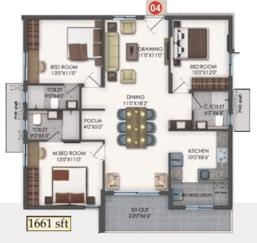 Unit plan - 1077 sq.ft.