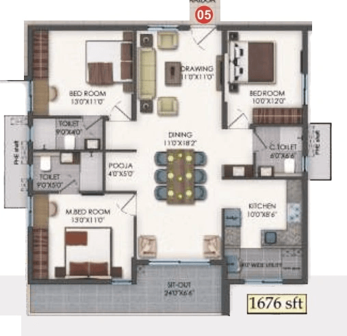 Bhavya Tulasivanam Aarna Unit plan - 1077 sq.ft.