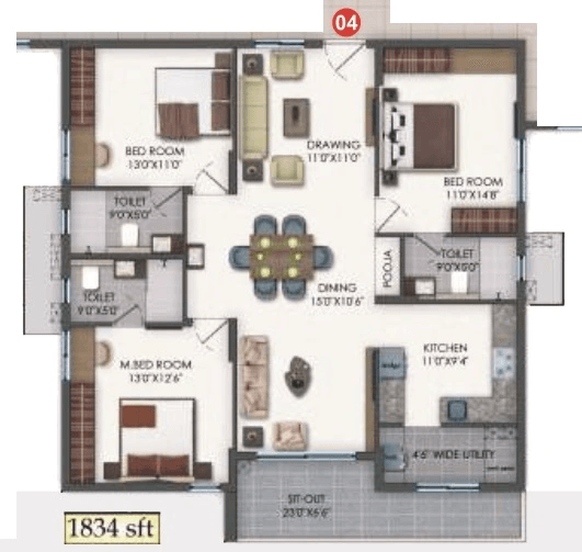 Bhavya Tulasivanam Aarna Unit plan - 1203 sq.ft.