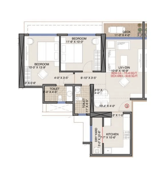 Vaishno Sky Unit plan - 819 sq.ft.