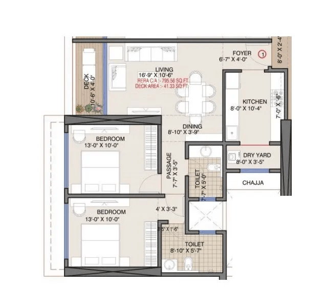 Vaishno Sky Unit plan - 839 sq.ft.