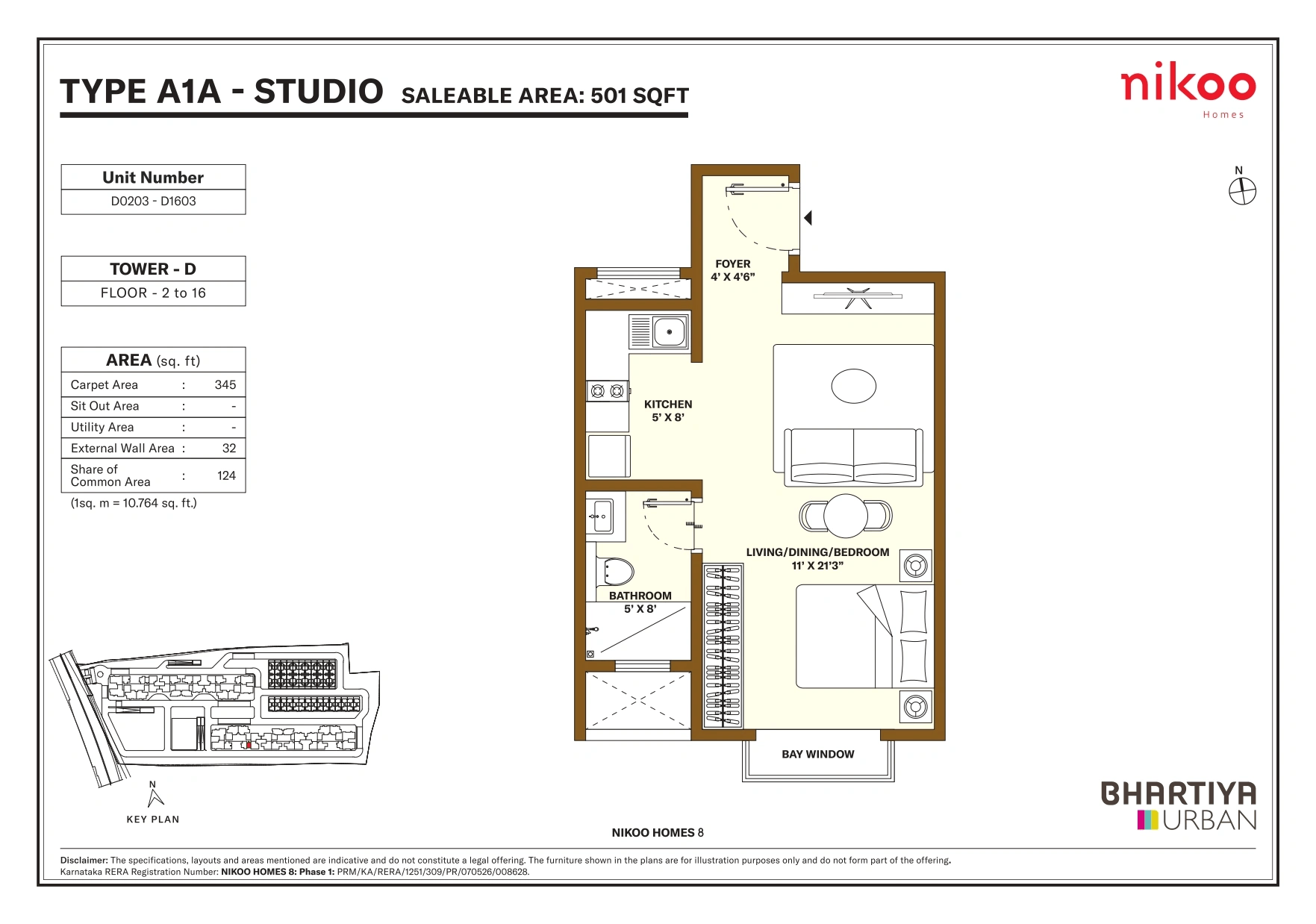 Bhartiya Nikoo Homes 8 Unit plan - 345 sq.ft.