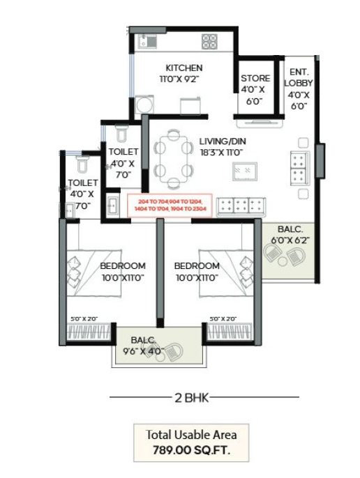 Aakar Topaz Tower Unit plan - 789 sq.ft.