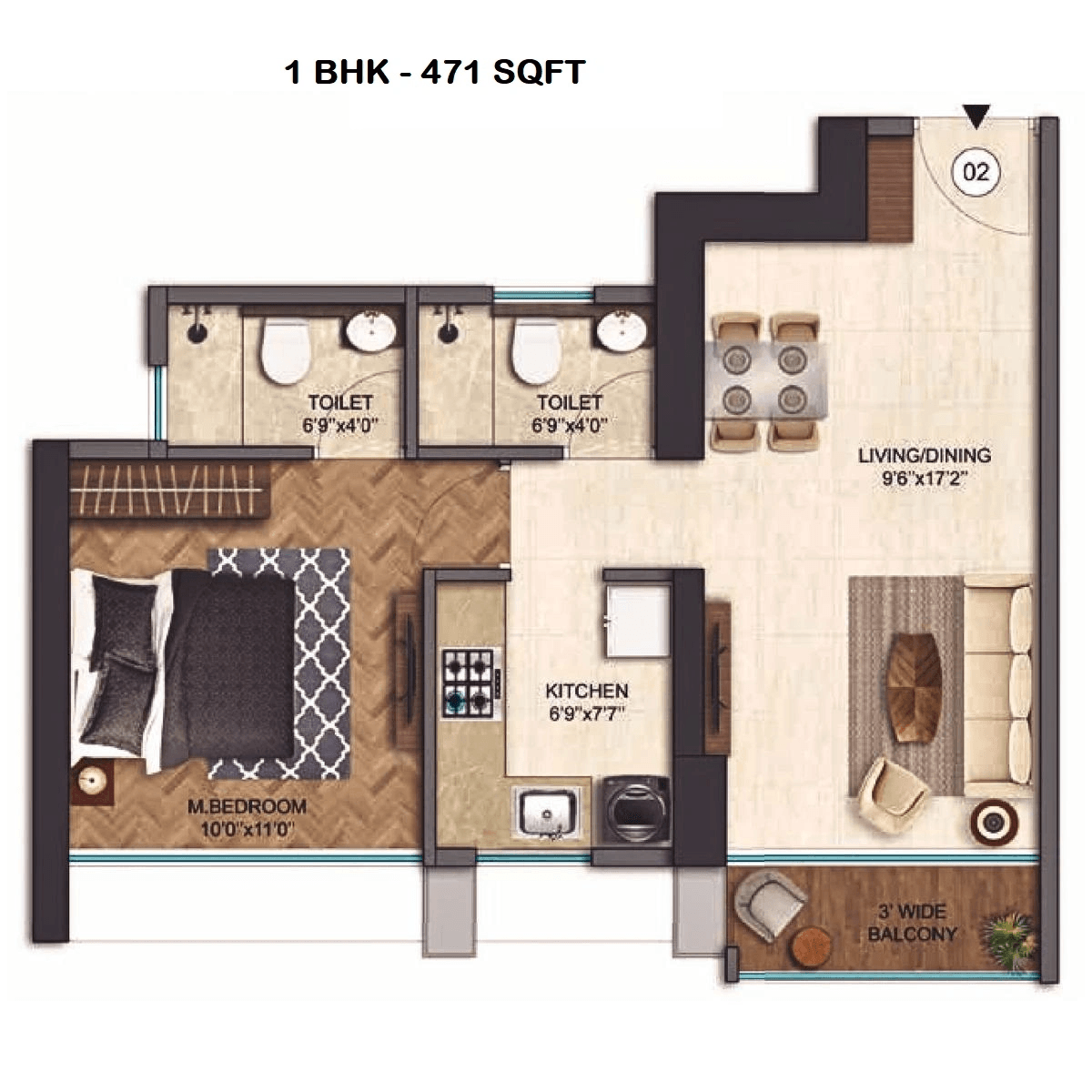 Runwal One Unit plan - 471 sq.ft.