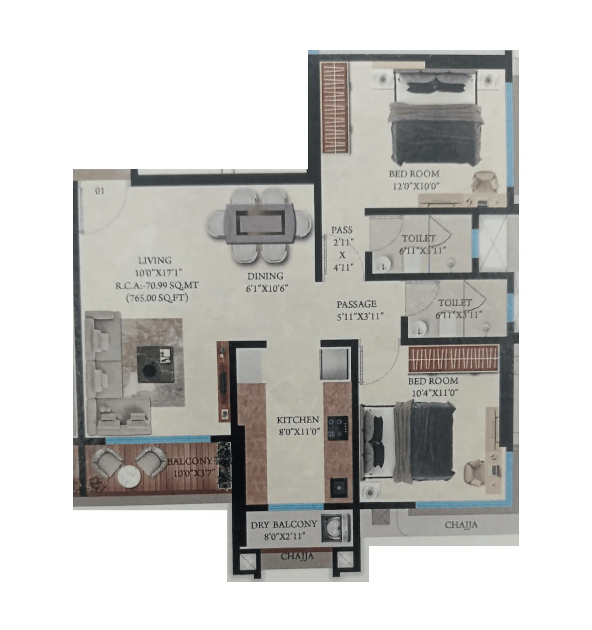 Swami Tulip Tower Unit plan - 765 sq.ft.