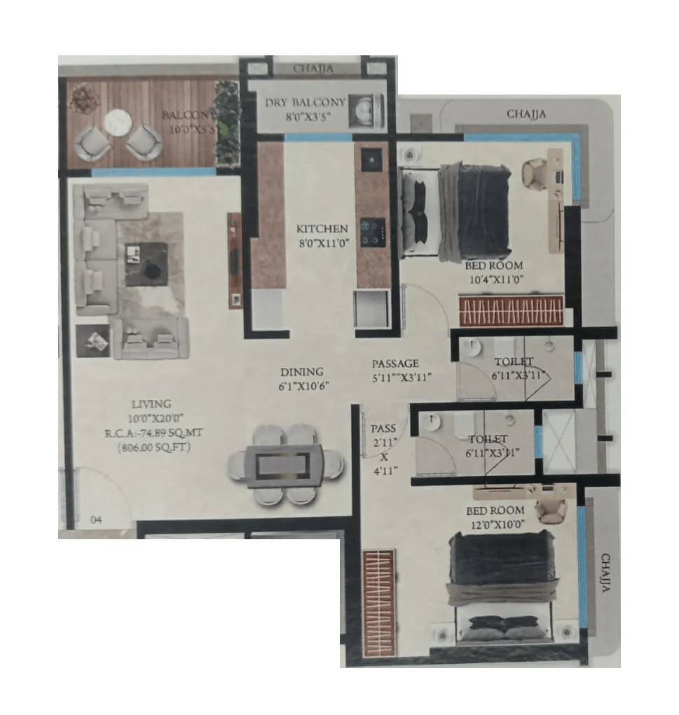 Swami Tulip Tower Unit plan - 806 sq.ft.