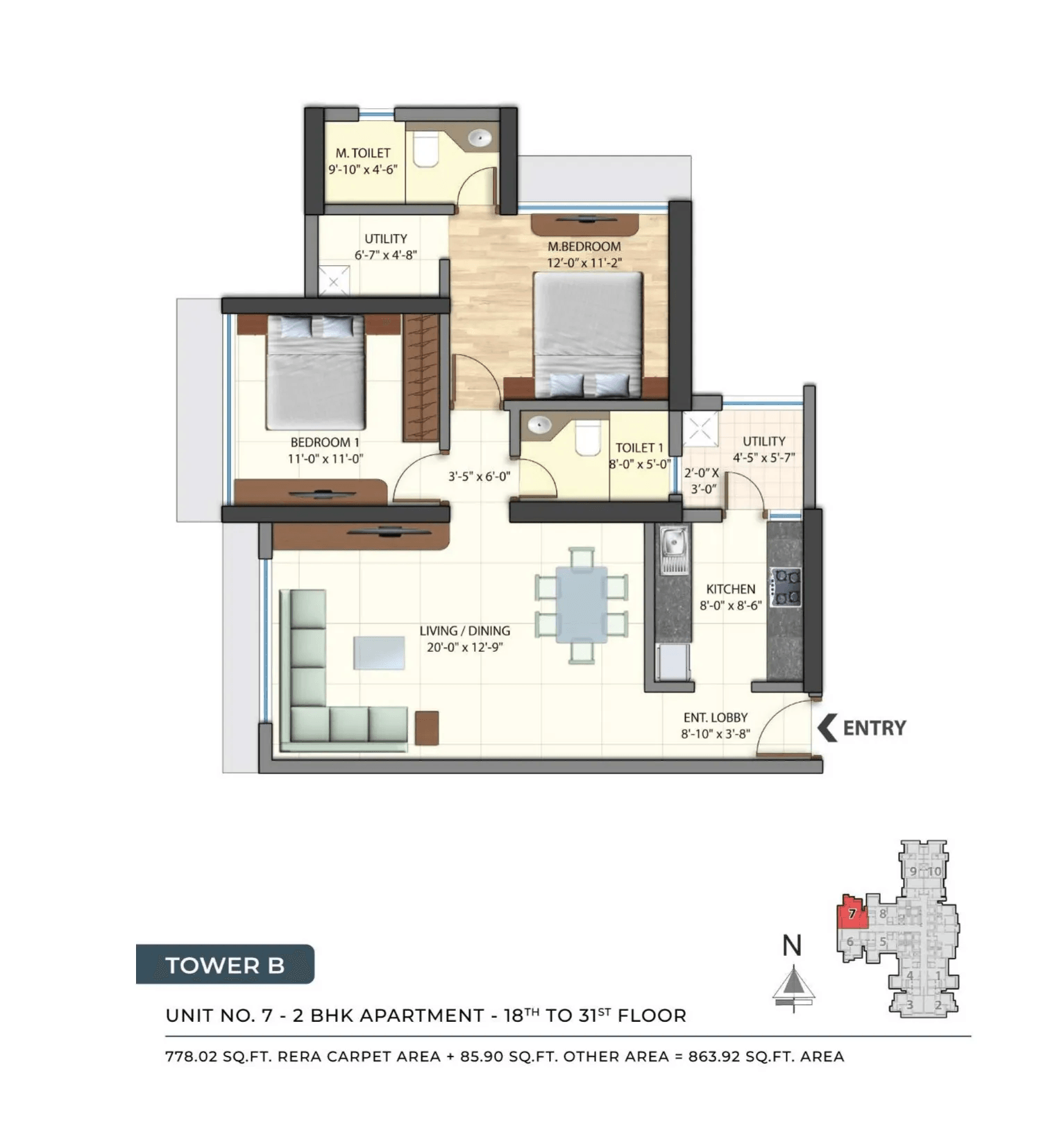 Omkar Alta Monte Unit plan - 863 sq.ft.