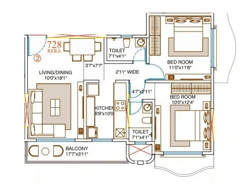 Amar Devendra Unit plan - 728 sq.ft.