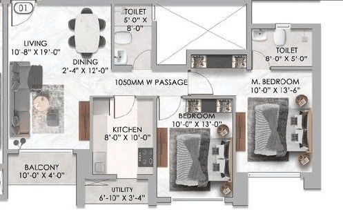 Ajmera Manhattan Unit plan - 851 sq.ft.