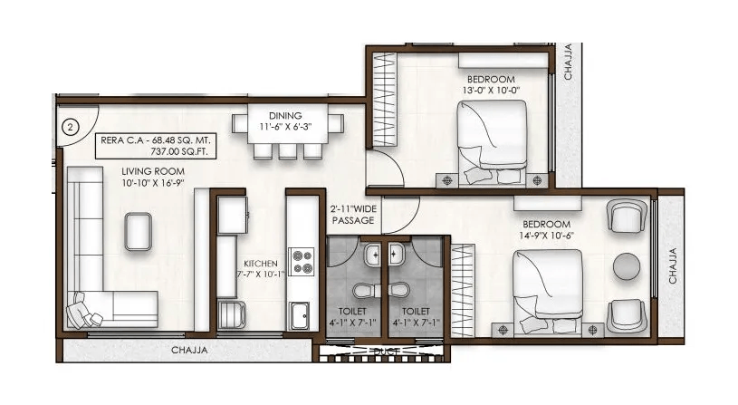 PCPL 42 Aura Unit plan - 737 sq.ft.