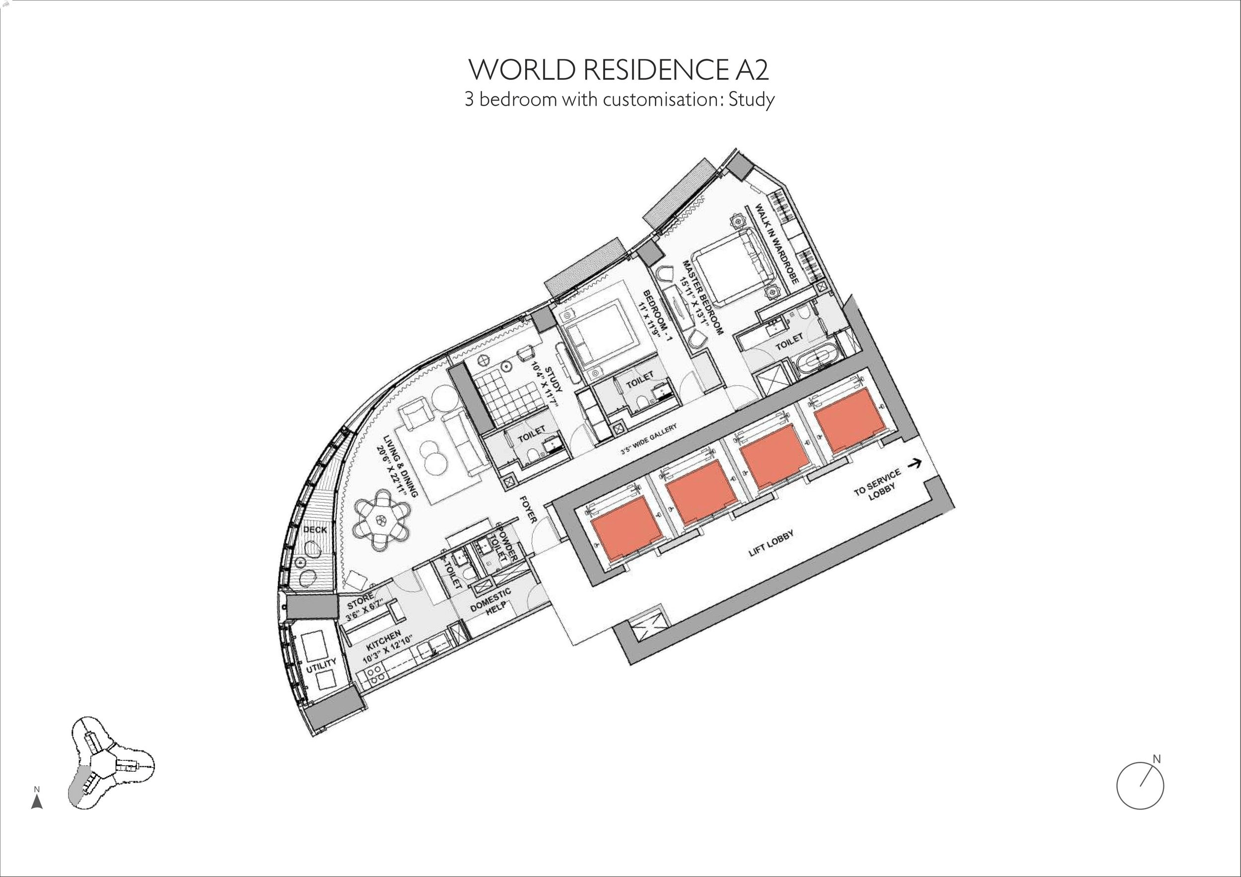 Lodha World Towers Unit plan - 1490 sq.ft.