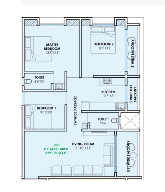 Chandrai Kamala Bhavan Unit plan - 991 sq.ft.