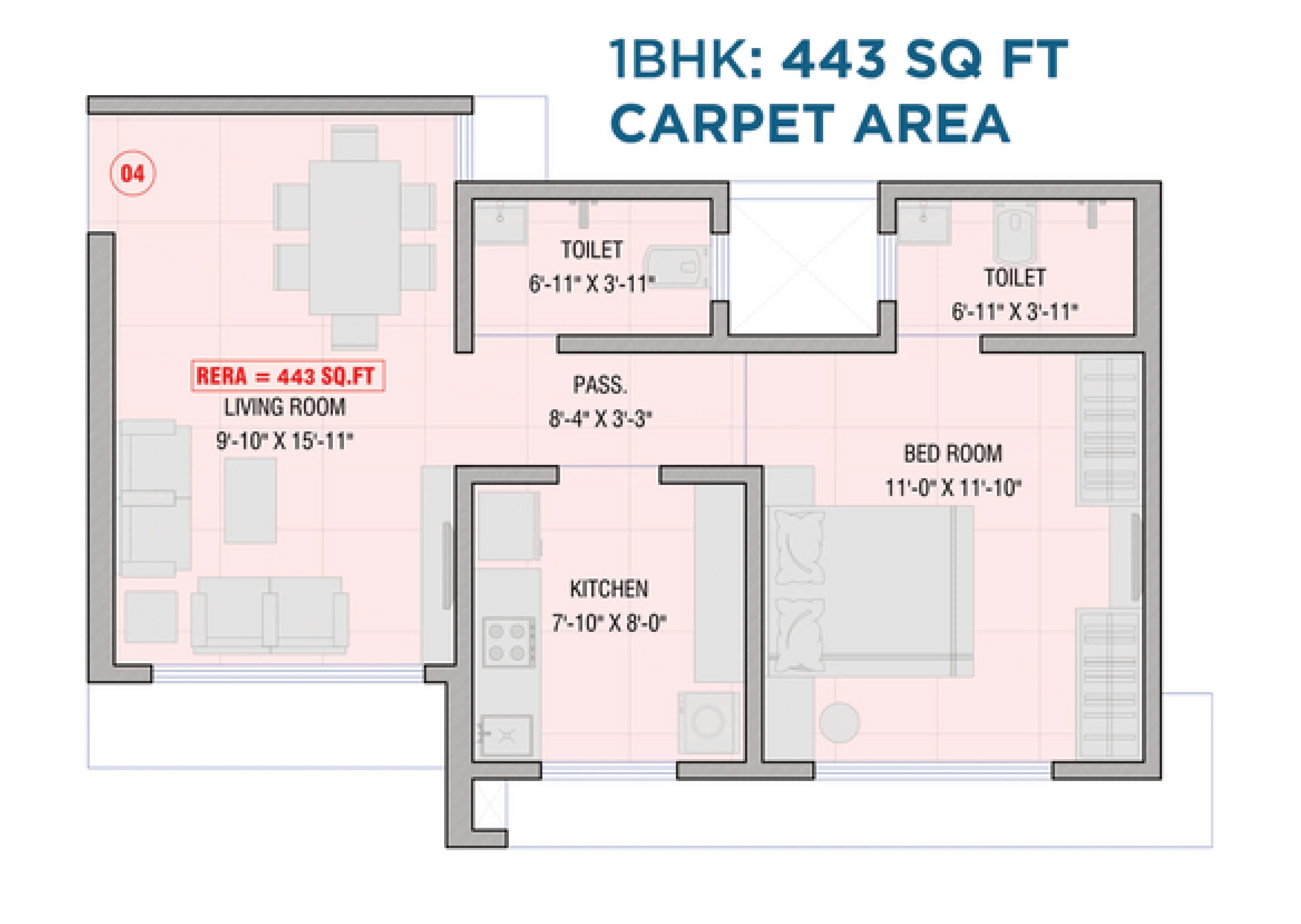 Aquarose Tower Unit plan - 443 sq.ft.