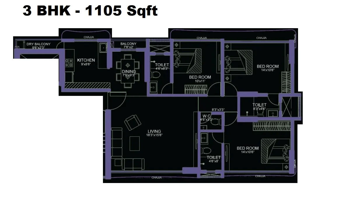 Unit plan - 1105 sq.ft.
