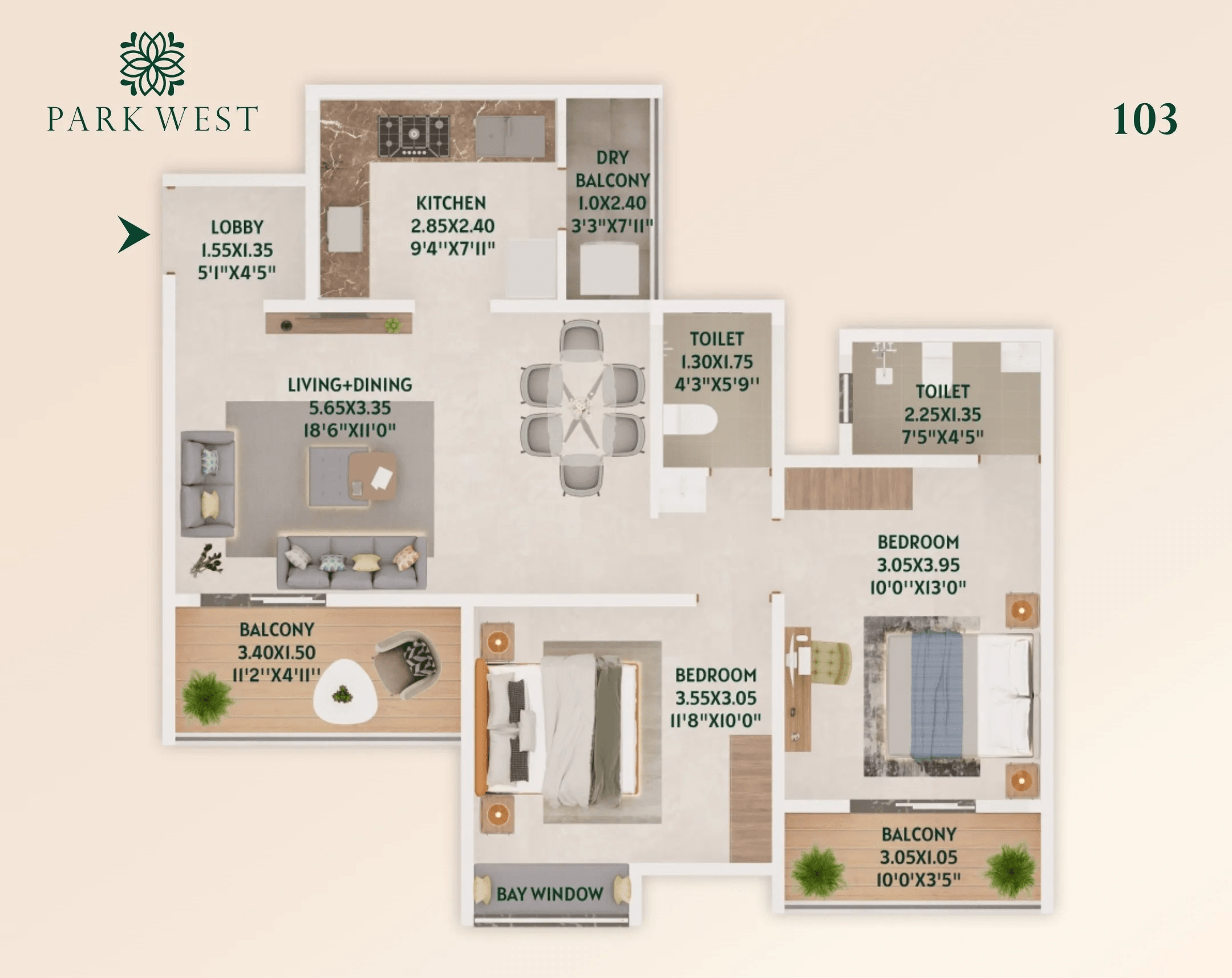 Hapse Park West Unit plan - 804 sq.ft.