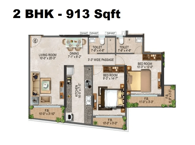 Salasar Sparsh Unit plan - 913 sq.ft.